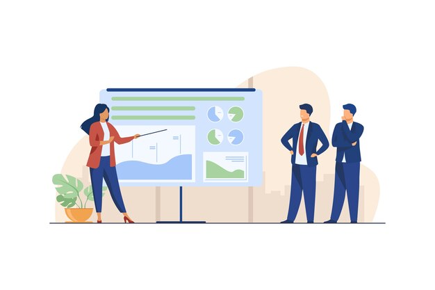 Female coach explaining statistics to businessmen. Graph, company, analysis flat vector illustration. Business and marketing