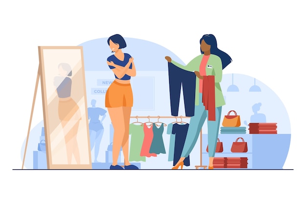 Free vector female customer choosing clothes in fashion store. shop assistant, seller, consultant flat vector illustration. shopping, fitting room