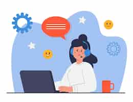 Free vector female customer service worker sitting at laptop. call center operator in headphones flat vector illustration. customer support, communication concept for banner, website design or landing web page