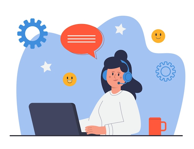 Female customer service worker sitting at laptop. Call center operator in headphones flat vector illustration. Customer support, communication concept for banner, website design or landing web page