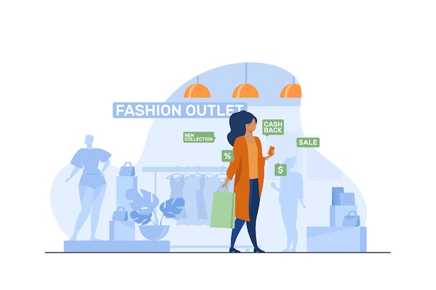 Female customer visiting in fashion outlet. Woman with mobile phone and bag near shop display flat vector illustration. Shopping, sale, retail concept