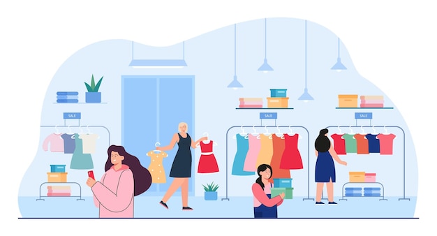 Clienti di sesso femminile che guardano i vestiti nel negozio al dettaglio. donne che acquistano capi di abbigliamento o abbigliamento nell'illustrazione vettoriale piatta del negozio di abbigliamento. moda, concetto di shopping per banner, design del sito web o pagina di destinazione