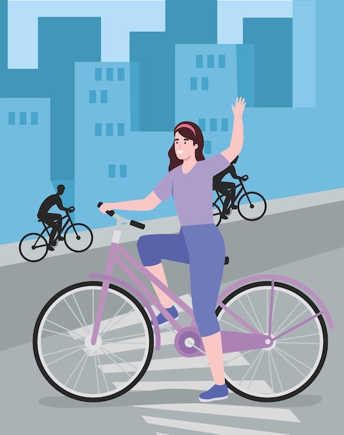 female cyclist and cyclists silhouettes characters