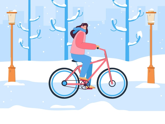 無料ベクター 市内の雪道で女性サイクリスト。寒い天気で自転車に乗る女の子、冬の街路フラットベクトルイラスト。アウトドアアクティビティ、バナーの季節のコンセプト、ウェブサイトのデザインまたはランディングウェブページ