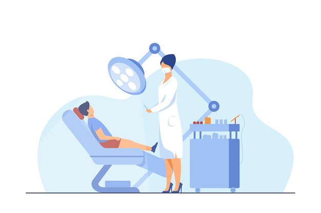 Female dentist curing boy in chair. Tooth, treatment, toothache flat vector illustration. Stomatology and medicine concept