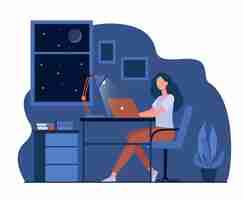 Free vector female designer working late in room flat illustration. cartoon student using laptop computer at night and sitting at desk