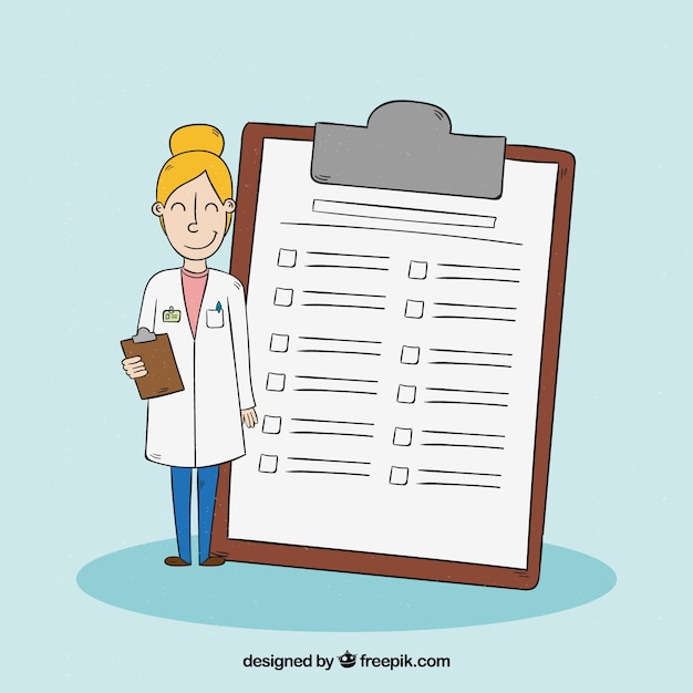 Female doctor next to clipboard