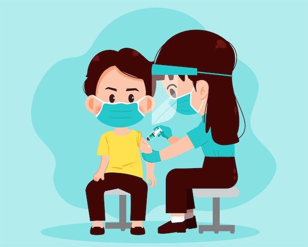 Female doctor injecting vaccine to man patient healthcare and medical concept drawn cartoon art illustration