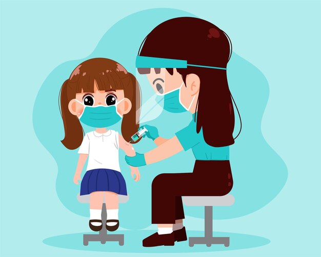 学生の女の子のヘルスケアと医療の概念にワクチンを注射する女性医師が描いた漫画アートイラスト