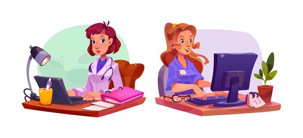 コンピューターで働く女性医師と看護師
