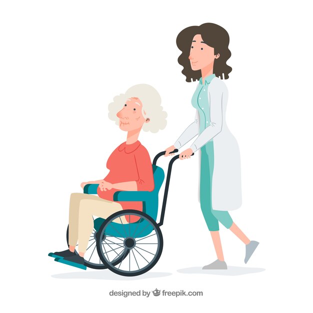휠체어에 노인 여성을 추진하는 여성 의사