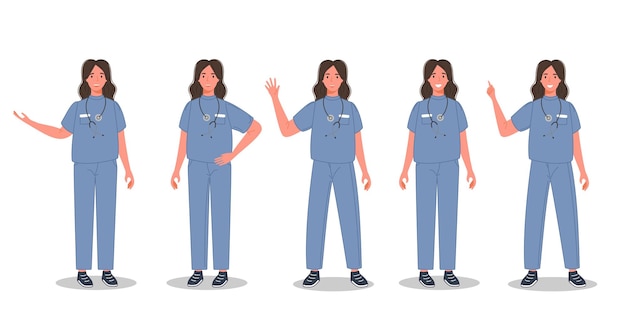 Free vector female doctor set in different pose group of medical professional womanin sanitary uniform