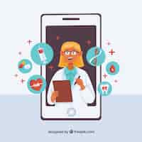 Free vector female doctor in smartphone with icons