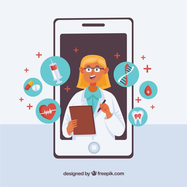 Female doctor in smartphone with icons