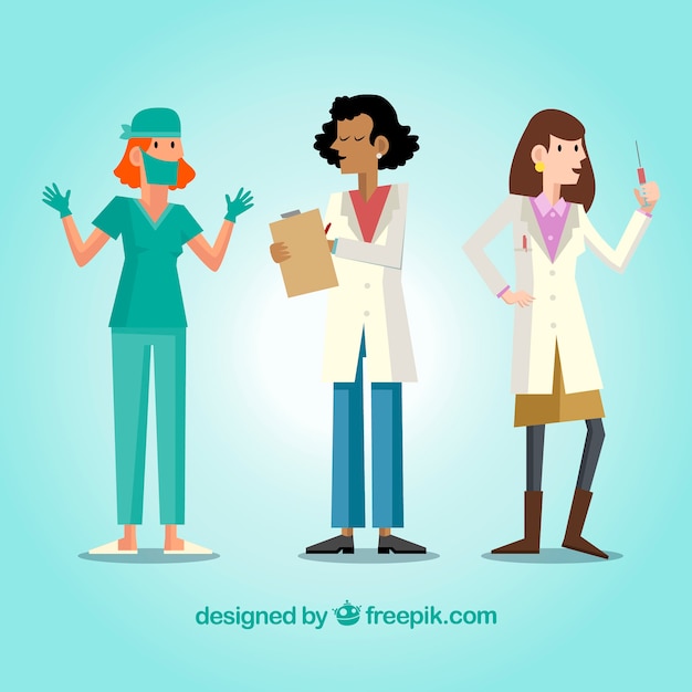 Free vector female doctors with clipboard, vaccine and mask