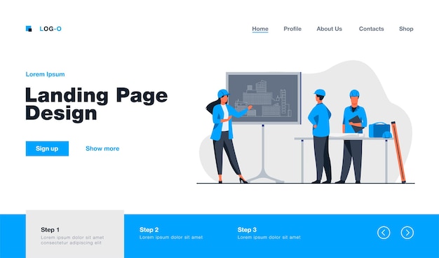 Бесплатное векторное изображение Женщина-инженер, стоящая возле классной доски, объясняющая целевую страницу проекта в плоском стиле