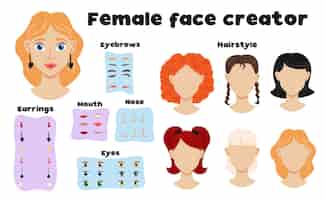 Free vector female face constructor set of eyebrows hairstyle nose mouth eyes elements to create girl face flat  illustration