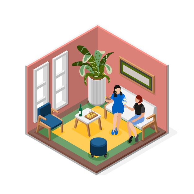 Female friends isolated isometric composition two friends talking in the apartment and drinking wine vector illustration