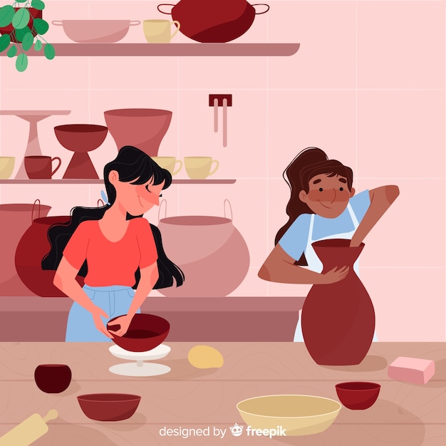 Free vector female friends making pottery together