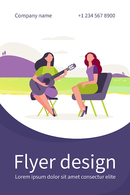 Free vector female friends relaxing by lake. women playing guitar and singing outdoors flat flyer template