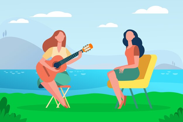 Female friends relaxing by lake. Women playing guitar and singing outdoors flat illustration.