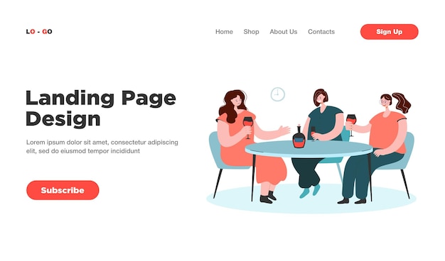 Free vector female friends sitting at table in cafe and drinking wine landing page