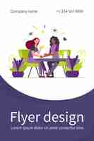 Free vector female friends talking over cup of tea. holding hand, giving comfort, coffee shop flat illustration. flyer template