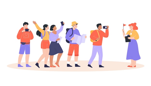 Free vector female guide with group of tourists flat vector illustration. happy girls and guys having excursion with tour guide holding flag. men and women taking photo, looking sightseeing. tourism, trip concept