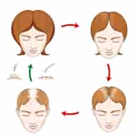 Free vector female hair loss and hair transplantation icons. hair loss woman, care hair, head female, scalp human, growth hair, vector illustration