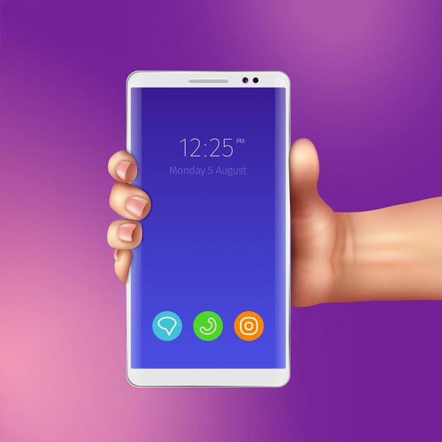 Female hand and realistic white smart phone with icons of mobile apps on screen illustration