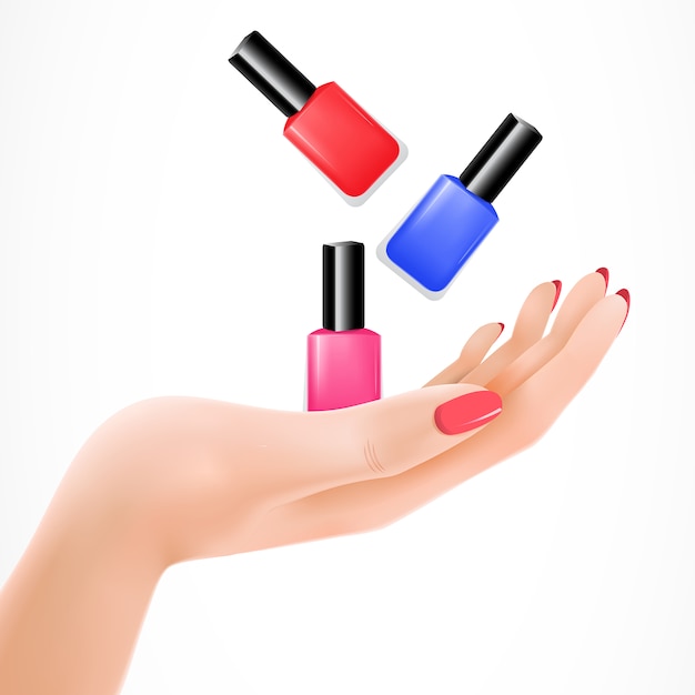 Female hand tossing nail lacquers vector