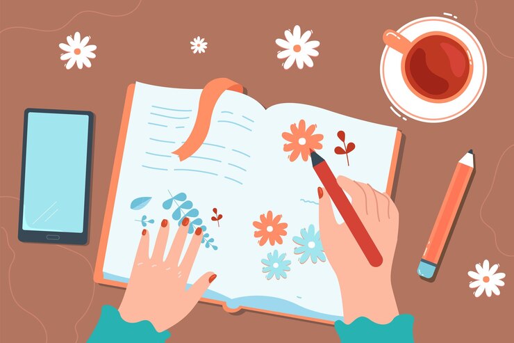 Free Vector female hands holding pen and drawing flowers in notebook. girl sitting at table with cup of tea and mobile phone on it and taking notes in diary flat vector illustration. hobby, art concept