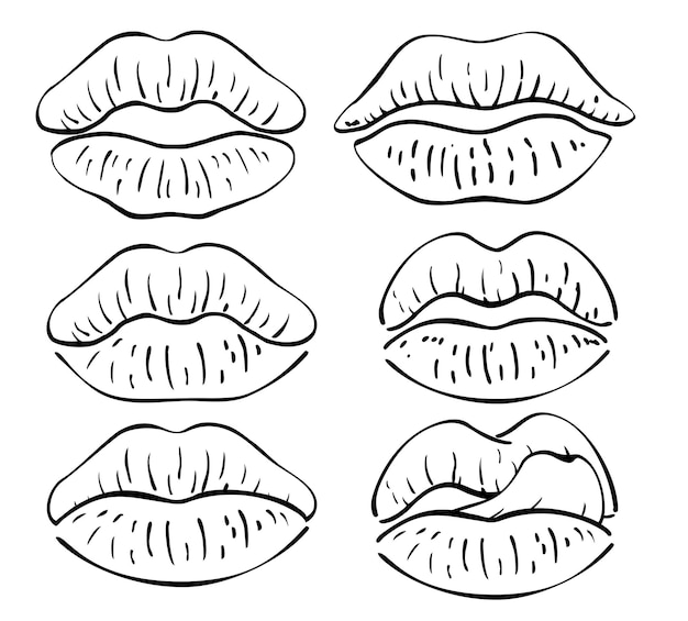 女性の唇スケッチのセットライン女性の唇招待状グリーティングカード引用ブログ Premiumベクター