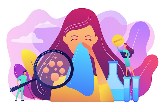 Female patient sneezing, taking a pill from doctor and allergen under magnifier. Allergic diseases, allergy reaction, antihistamines therapy concept. Bright vibrant violet  isolated illustration