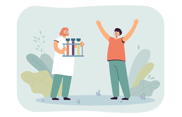 Female person holding test tubes. Women happy to achieve success in science or medicine flat vector illustration. Making chemical experiments concept for banner, website design or landing web page