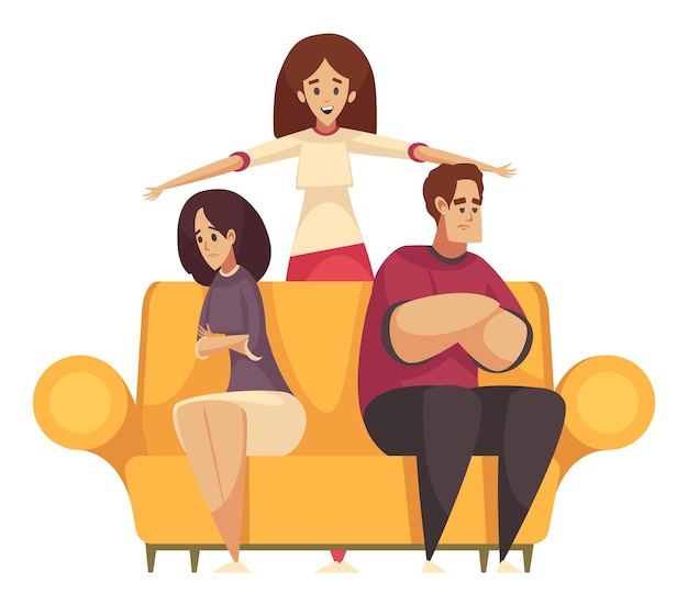 Free vector female psychologist having conversation with wife and husband during psychological therapy session cartoon vector illustration
