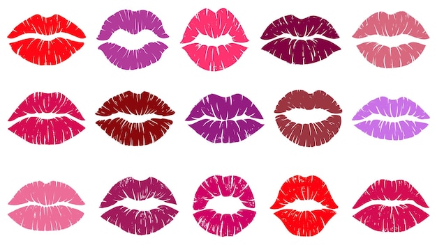 여성의 붉은 입술 프린트, 러브 키스 립 프린트. 여자 립스틱 키스 인쇄, 섹시한 입 키스 모양 벡터 일러스트레이션 세트. 로맨틱한 키스 프린트