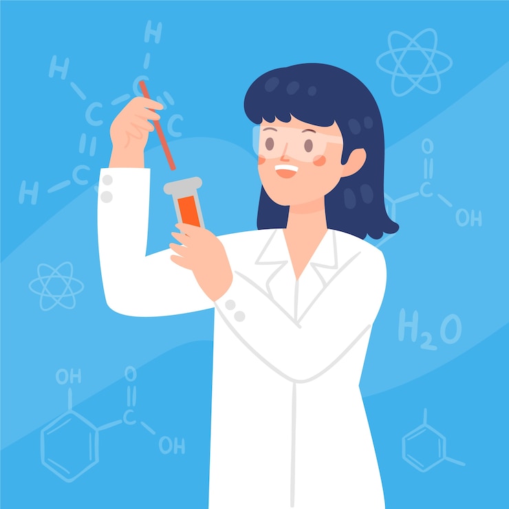 無料Vector チューブを保持しているメガネの女性科学者