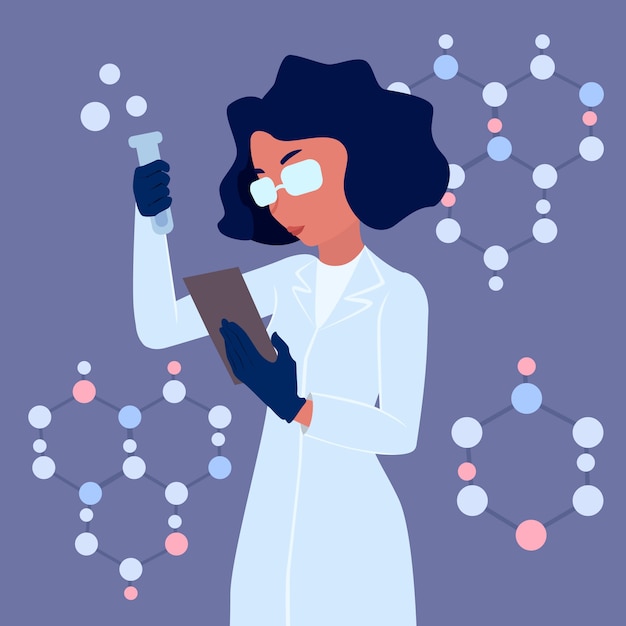 Free vector female scientist with lab coat holding potion