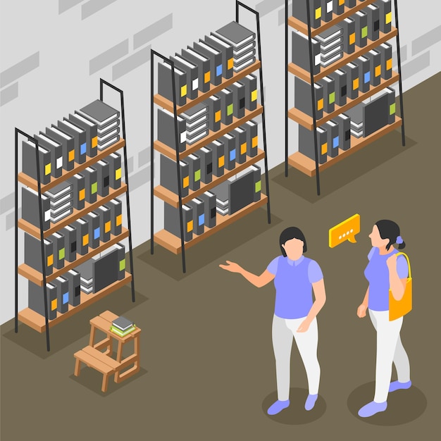 無料ベクター 顧客が店内等角投影の背景ベクトル図で本を選ぶのを助ける女性店員
