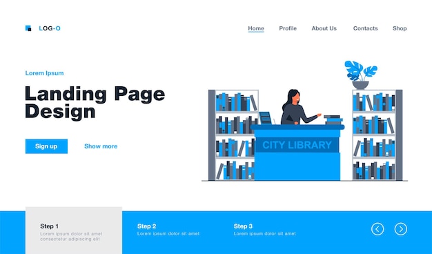 無料ベクター フラットスタイルでカウンターの着陸ページに立っている女性の笑顔の司書