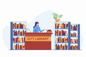 Free vector female smiling librarian standing at counter. book, shelf, paper flat vector illustration. city library and knowledge