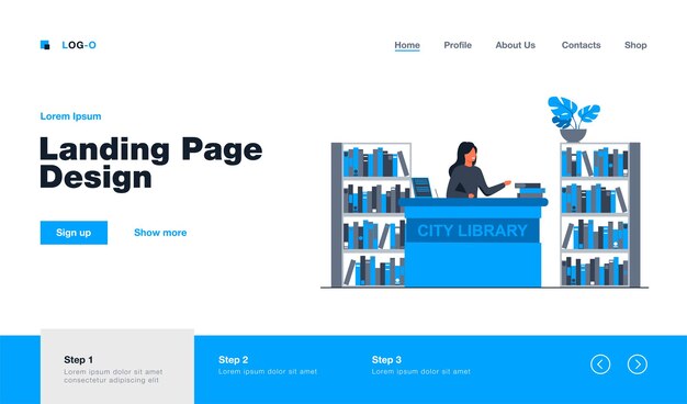 Female smiling librarian standing at counter landing page in flat style