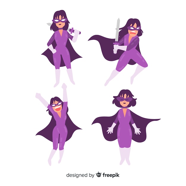 Free vector female superhero character collection with flat design