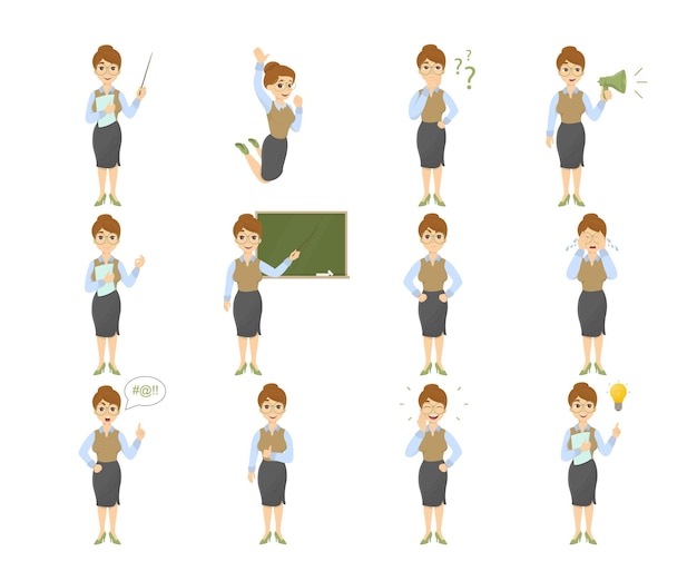 Free vector female teacher emoji set on white background with funny emotions and expresiions