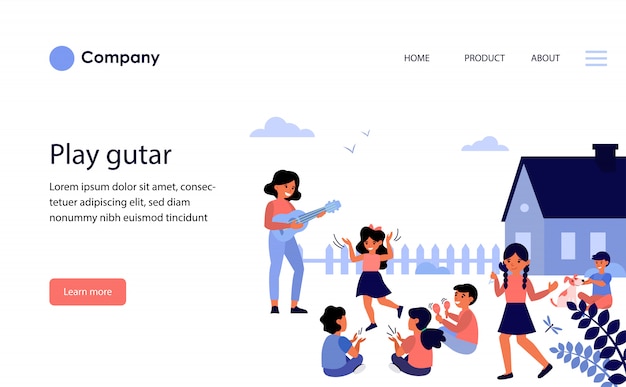 Учительница играет на гитаре детям, играющим на улице. шаблон веб-сайта или целевая страница