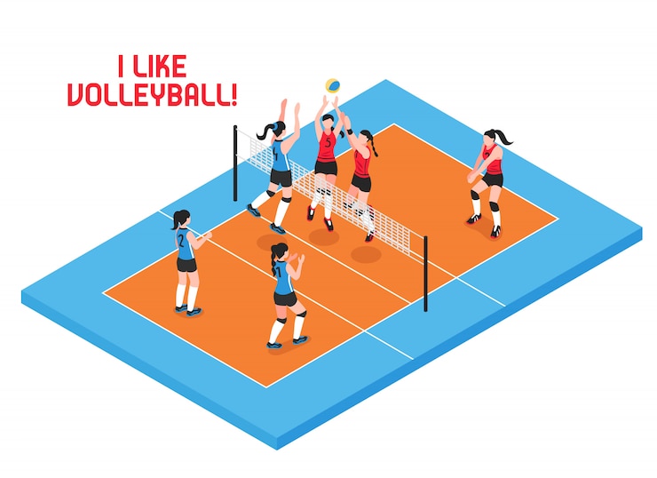 Free Vector female teams during volley ball game on blue orange play field isometric illustration