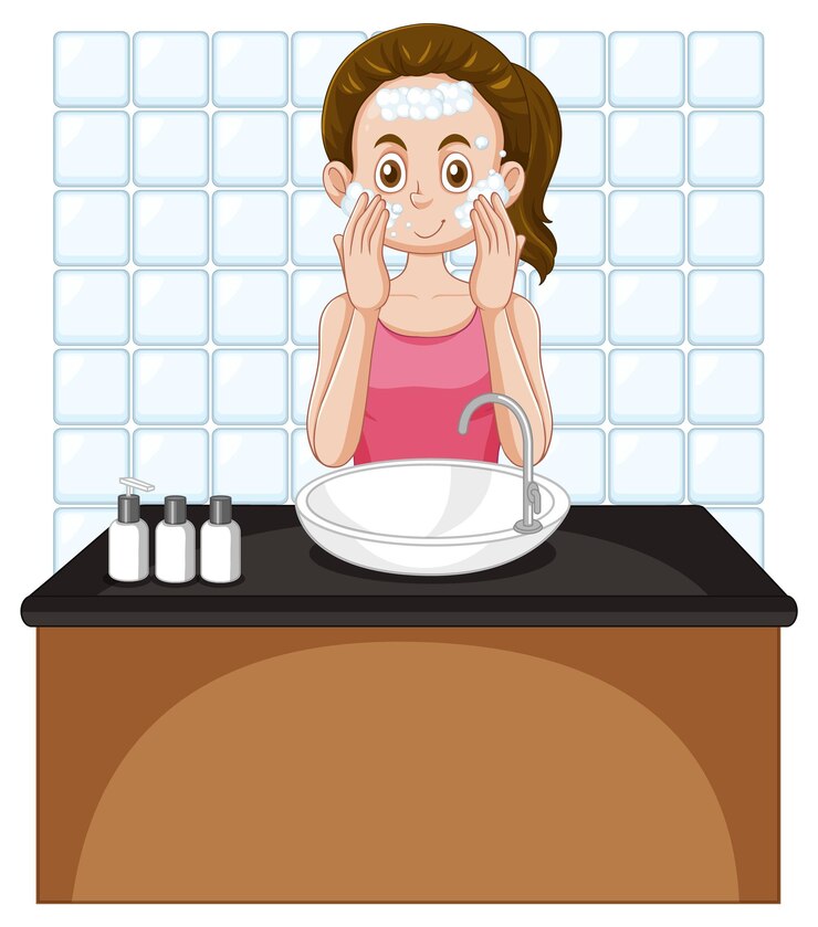 Free Vector a female teen cleaning face at the sink
