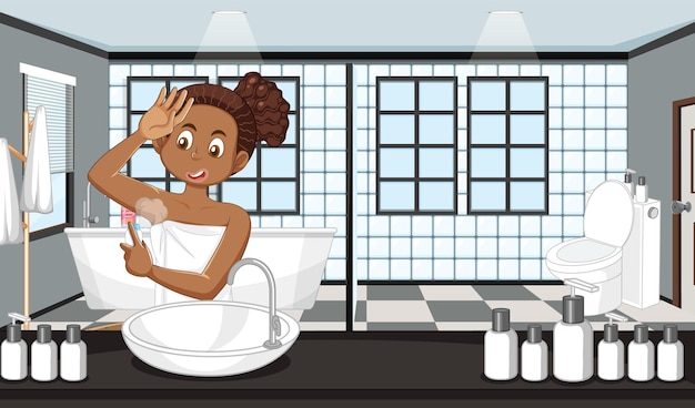 Девушка-подросток распыляет дезодорант под мышками в ванной
