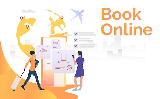 Free vector female tourists using mobile phone and booking flight ticket